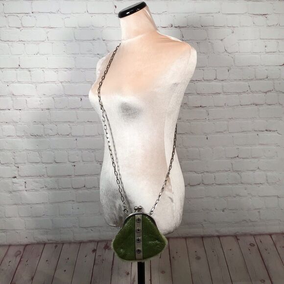 Cole Haan G Series Small Green Shearling Kiss Lock Crossbody Bag Chainlink Strap - Picture 4 of 10